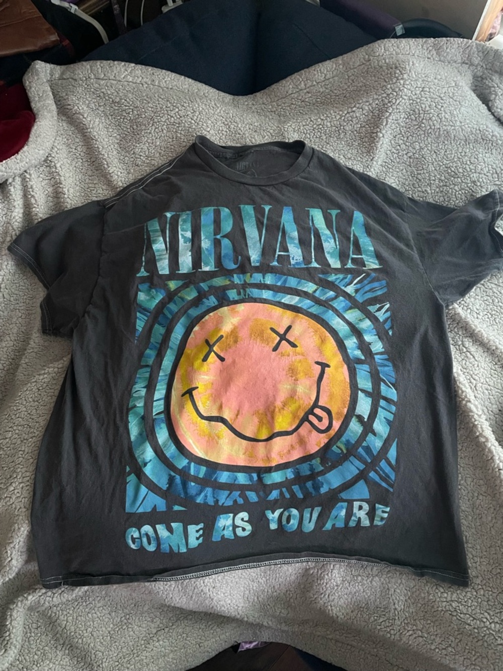 Nirvana ' Black Graphic Tee - Pink & Blue Smiley Design